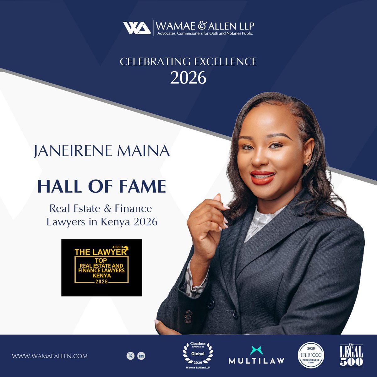 WamaeAllen's tweet photo. 🎖️ CELEBRATING EXCELLENCE 🎖️

At Wamae &amp; Allen LLP, we are proud as we celebrate Janeirene Maina's recognition into the Hall of Fame- Real Estate &amp; Finance Lawyers in Kenya 2026 by @TheLawyerAfrica 

Congratulations, Janeirene!🎉

#RealEstateAndFinanceLawyersKenya2026 https://t.co/6JeRfLfKcJ