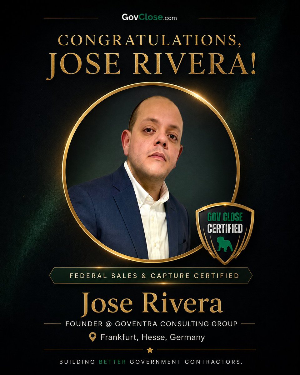 DoDContract's tweet photo. Congratulations to Jose Rivera for graduating the Gov Close Certification Program !

During his time at GovClose, Jose built a sophisticated government contract capture plan based on years of federal spending data and recent changes in federal acquisitions policy.

Based on his research, he was able to develop a pipeline strategy focused on identifying requirements and funding long before solicitations come out, in order to best capture the work for long-term federal government contracting success.

Everyone that joins GovClose does not graduate, this is a milestone for Jose, and I'm super proud to endorse him as a GovClose graduate.

I highly recommend him for any company selling to the U.S. federal government for full-scale business development services.

Congrats again, Jose. Well deserved!

If you want to check out the program Jose mastered government contracting in, head over to https://t.co/Y4ghP8Hsbi