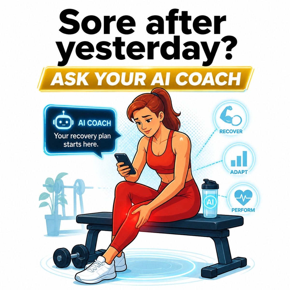 Komakon_LLC's tweet photo. Feeling DOMS? 💪 Push through or rest? 💤 Ask your AI Coach for a custom recovery plan! Go Pro for 24/7 expert guidance. ✨ https://t.co/svrDEhdvwT 📈 #GymNutAI #AICoach #DOMS #FitnessGoals #GymLife #Fitness https://t.co/R2QqLeIFvR