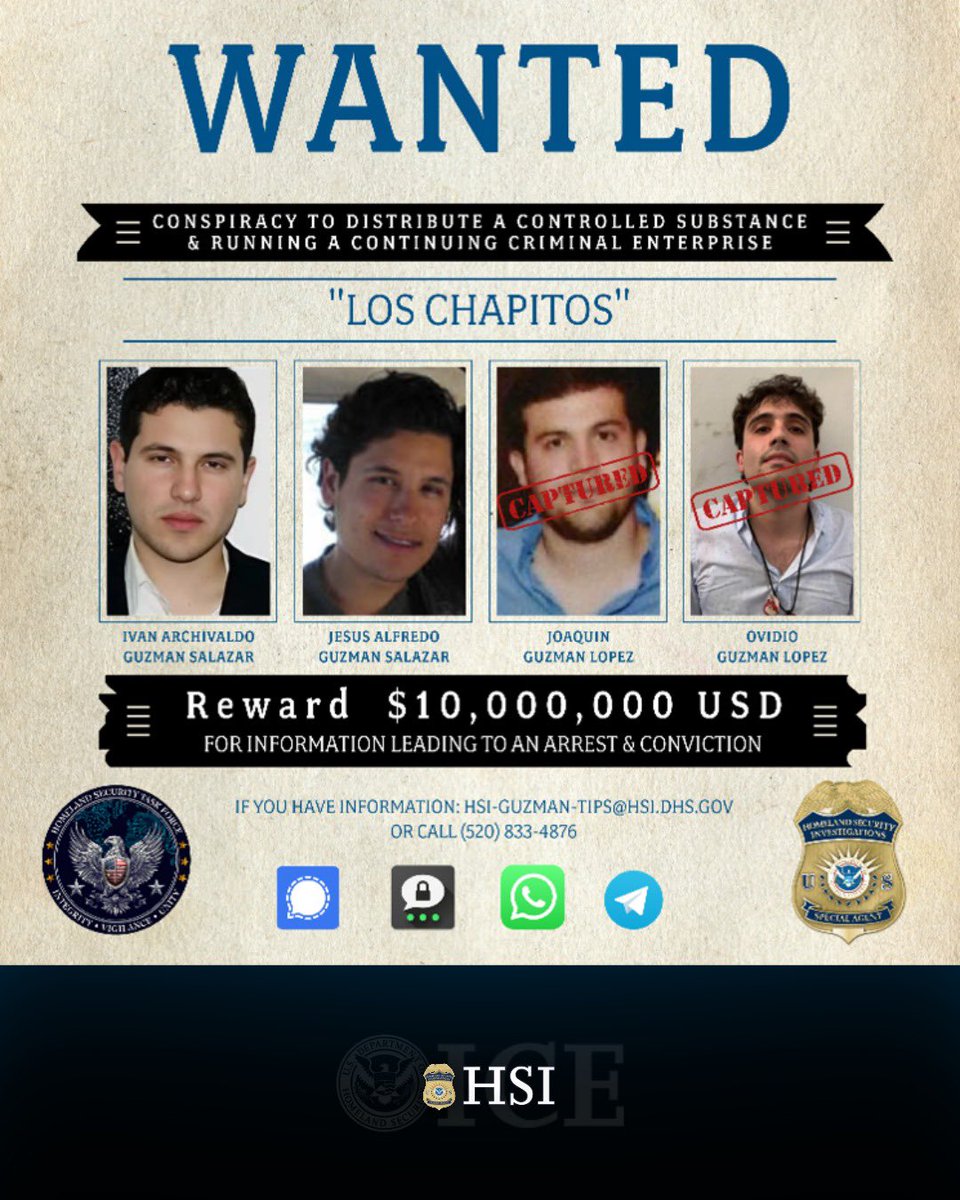 defense_civil25's tweet photo. 🚨Alert: Wanted, Dead or Alive! Two Major Narco Warlords with a $10 million dollar bounty on their heads by the DOJ and Mexican authorities!! 

These notorious brothers, known as “Los Chapitos,” Narco Cartel Leaders and sons to their Narco Overlord father Joaquin “El Chapo” Guzman Loera, are major enemies of the US! 

Ivan Archivaldo Guzmán Salazar and Jesus Alfredo Guzmán Salazar remain at large, and there is a $10 million reward for information leading to their arrest and conviction!! 

⚠️They should both be considered armed and dangerous! Be prepared!! 

If you have information, please contact ICE HSI at 520-335-7315!