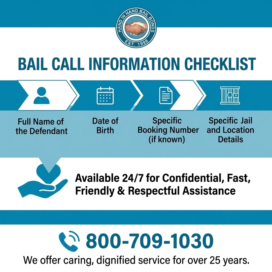 HandInHandBail's tweet photo. Before calling 800-709-1030, gather the person’s name, birthdate, and booking details if available so a bail agent can move faster. #BailCall #BailChecklist #FastHelp #24HourBail #HelpingHand #FamilySupport https://t.co/SL55ZL5c20
