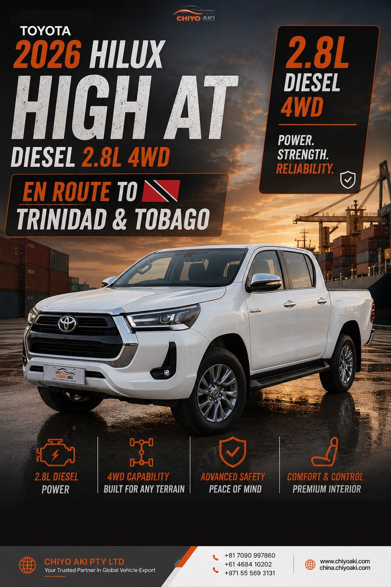 chiyoakihub's tweet photo. EN ROUTE TO TRINIDAD & TOBAGO โ TOYOTA HILUX HIGH AT 2.8L DIESEL 4WD 2026
#ChiyoAki #ChiyoAkiPtyLtd #ToyotaHilux #HiluxHighAT #Toyota2026 #TurboDiesel #4WD #EnRoute #TrinidadAndTobago #RightHandDrive https://t.co/94RLfjjqTI