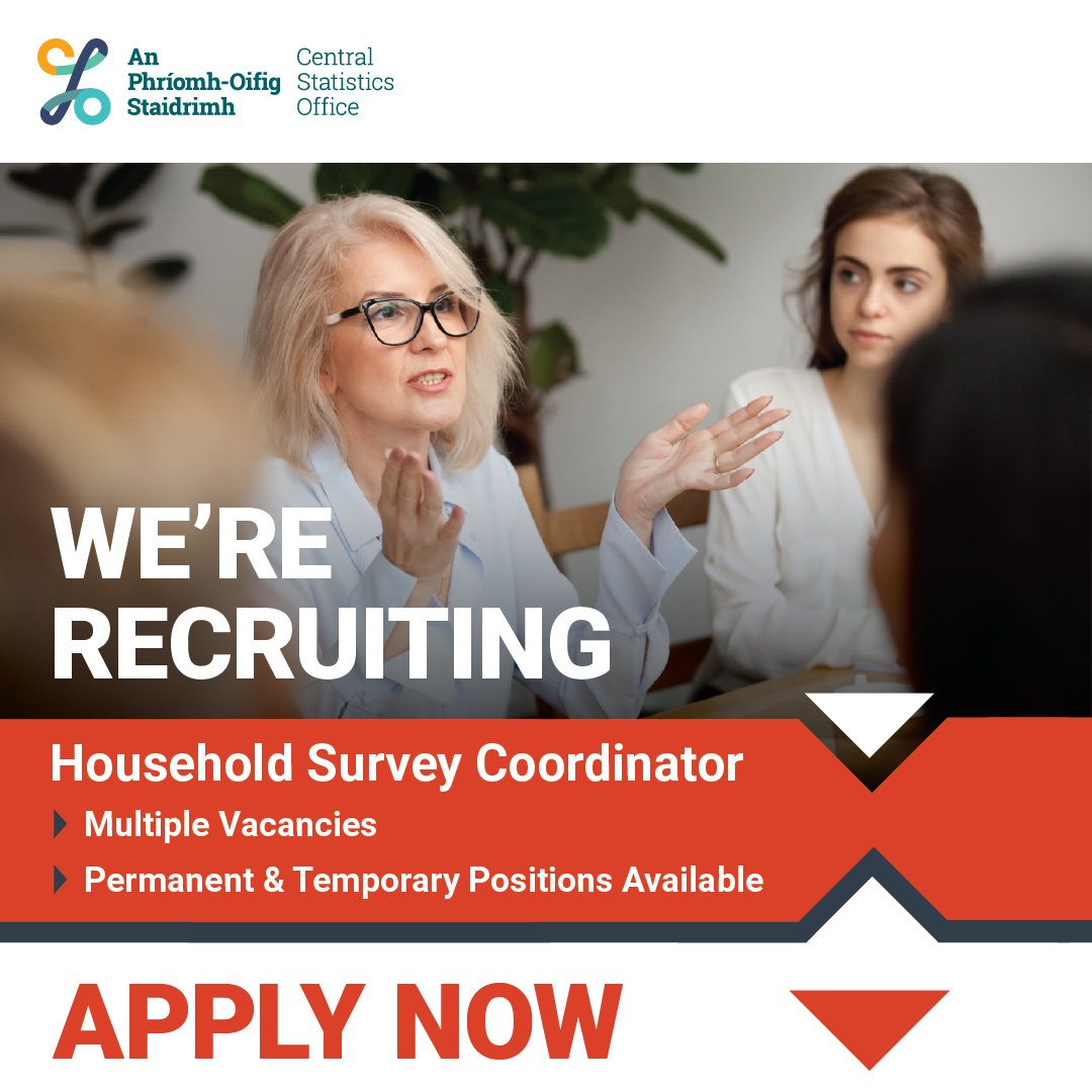 CSOIreland's tweet photo. 𝗡𝗼𝘄 𝗛𝗶𝗿𝗶𝗻𝗴 - Household Survey Coordinators

Multiple vacancies available in locations throughout the country.
Learn more &amp; apply for this exciting role:
Click below ⇩
https://t.co/uh6OO1XNAL

#CSO #CSOIreland #JobFairy #HiringNow https://t.co/Ej8kkLqI8z
