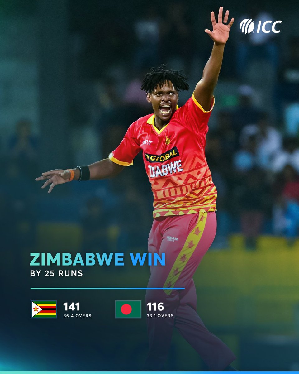 ICC's tweet photo. Zimbabwe prevail in a low-scoring contest against Bangladesh 💪

📝: https://t.co/9jflHpynmM https://t.co/PwOZoO6oWy