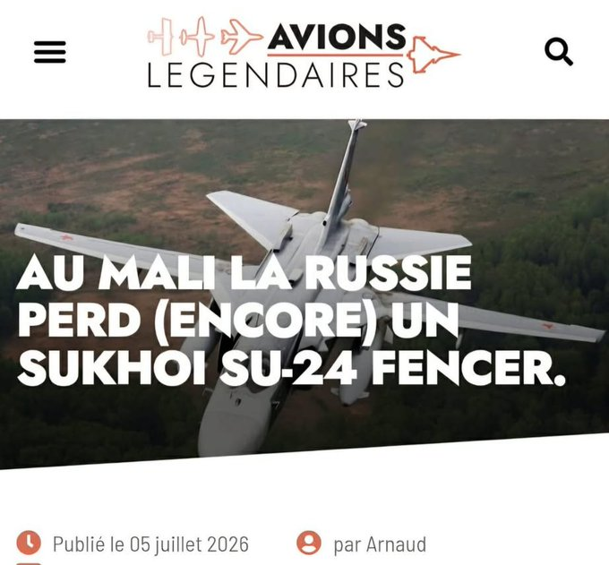 VoixPlateau's tweet photo. Au Mali la Russie perd (encore) un Sukhoi Su-24 Fencer.  L’équipage a tenté de rentrer à sa base, sans succès. Ce samedi 4 juillet 2026 un avion d’attaque au sol et d’appui rapproché Sukhoi Su-24 Fencer appartenant à la fédération de Russie 🇷🇺 s’est écrasé sur le tarmac de #Gao https://t.co/IyllPqAVlQ