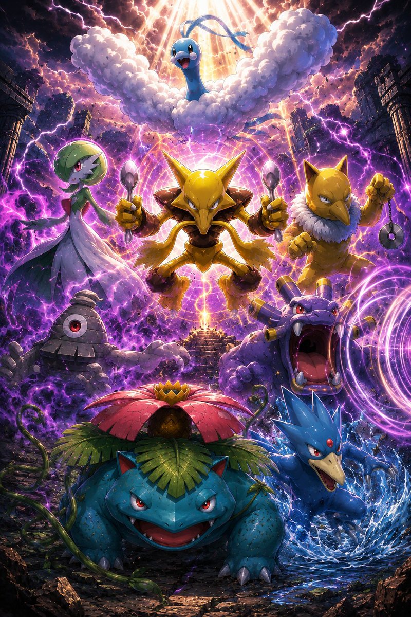Cau_27's tweet photo. Pedi o chat pra fazer um pôster com meu time pokémon e o resultado foi esse. Quero num quadro moldurado https://t.co/f4fKWPQMT5