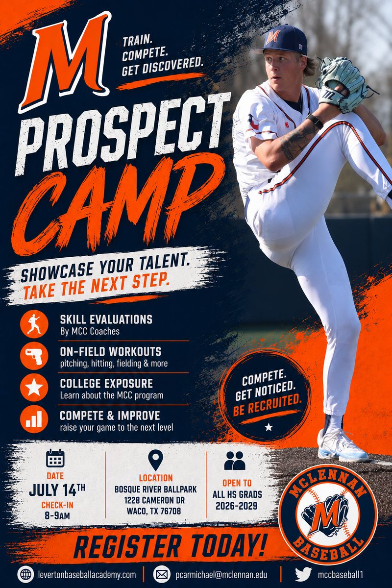mccbaseball1's tweet photo. Still got open spots for next weeks prospect camp! If you are in town for the Mattingly stick around an extra day to stop by McLennan! Great opportunity to guarantee being seen by the staff!
https://t.co/pLZxERyk4o
@JLeverton10 
@CarmichaelPJ 
@hank_bard https://t.co/mxqgc06n6Z