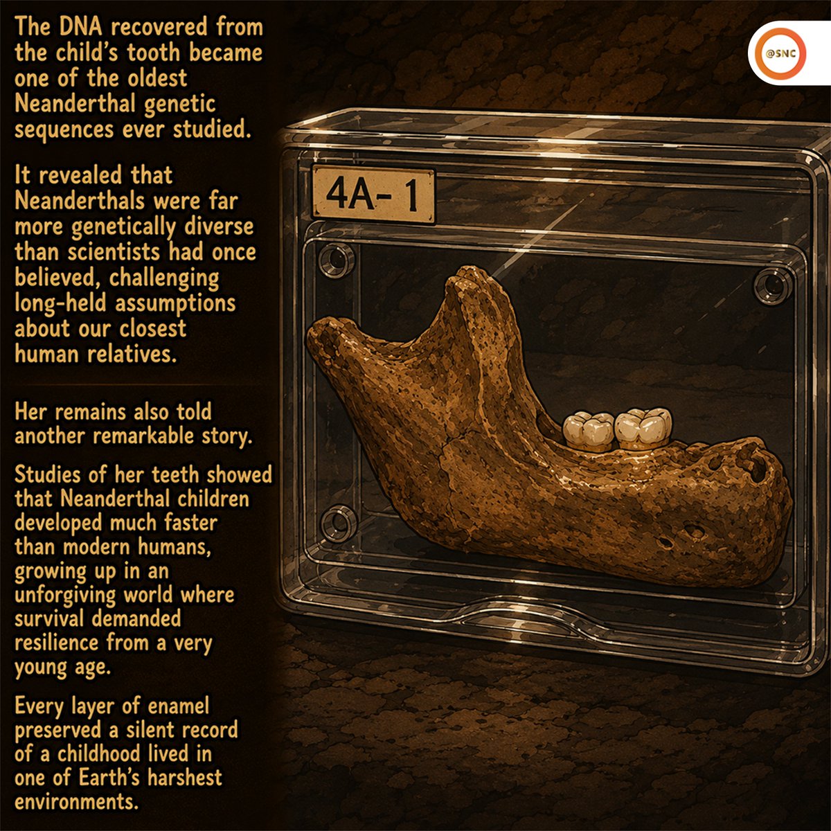 SNCoffice's tweet photo. 🦷 A tiny tooth changed history.A 127,000-year-old Neanderthal tooth preserved ancient DNA, helping scientists better understand human evolution.🧬 Small fossil. Big discovery.
#Archaeology #Neanderthal #AncientDNA #Science #History #Belgium #Discovery #Research #SNC https://t.co/EGNyAttjsd