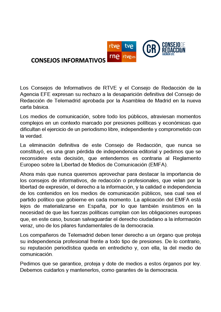 cderedaccionefe's tweet photo. ‼️ Los Consejos de Informativos de RTVE (@CdItve, @CdiRNE, @cdirtve_es) y el Consejo de Redacción de la Agencia EFE expresan su rechazo a la desaparición definitiva del Consejo de Redacción de Telemadrid aprobada por la Asamblea de Madrid en la nueva carta básica. https://t.co/gmWcs9PCIS