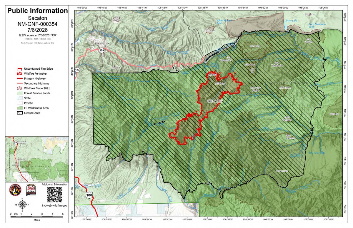Bewickwren's tweet photo. July 6 map of #SacatonFire 9,274 acres, 0% containment.
156 personnel
7 engines
1 helicopter
Cost 759K
Expected containment August 1 2026
#NMFire
🔥🔥🔥 https://t.co/Z1PZXtN7gU