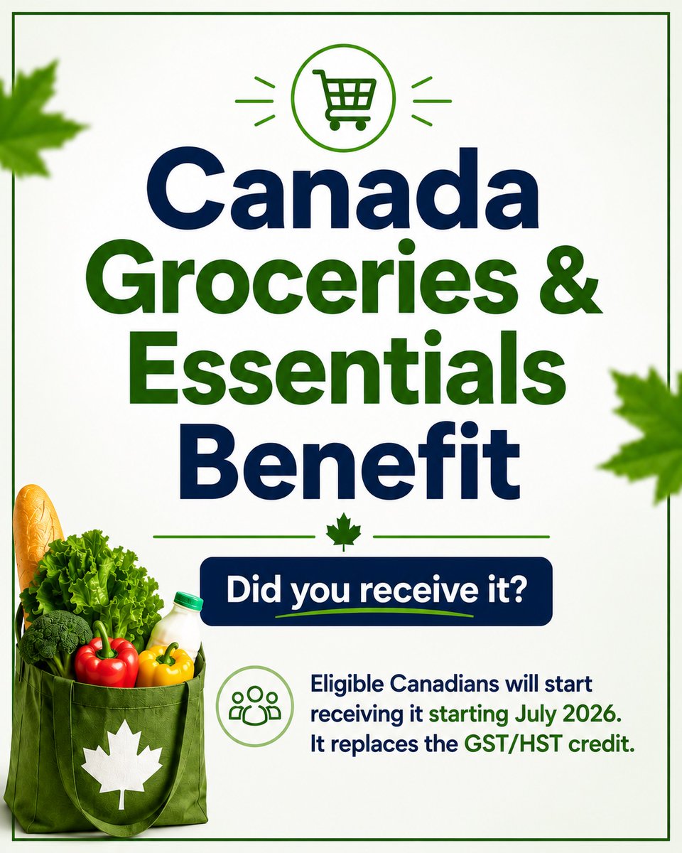 tbavirtualinc's tweet photo. Did you receive your Canada Groceries &amp; Essentials Benefit? Let us know in the comments.
Eligible Canadians will start receiving it starting July 2026.  #TaxBenefits #canadataxes #taxnews #TaxSavings #gsthstcredit #taxcredits #canadagroceriesandessentialsbenefit https://t.co/DW8qF7i6t6