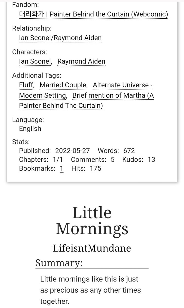 LifeisntMundane's tweet photo. Title: Little Mornings
Fandom: The Painter Behind the Curtain
— Raymond Aiden/Ian Sconel
— Modern Au, Established relationship, Married

https://t.co/6q2wW6tti6
#pbtc #painterbehindthecurtain https://t.co/fvm9VxSFp5