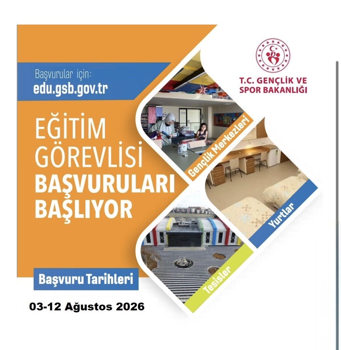 SultanhGm's tweet photo. 📢 Eğitim Görevlisi Başvuruları Başlıyor!

Gençlik ve Spor Bakanlığımızın Eğitim Yönetim Sistemi (EYS) kapsamında, eğitim noktalarında görev alacak eğitim görevlisi ve antrenör başvuruları başlıyor.
🗓️ Başvuru Tarihleri: 03-12 Ağustos 2026
Başvuru için ➡️ https://t.co/Va84e3uRXN https://t.co/oN8m3MQf3U