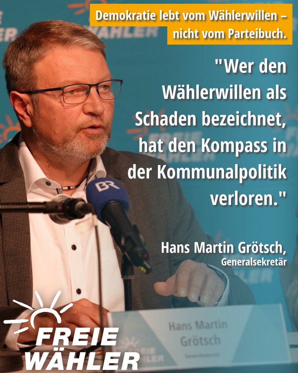 fw_bayern's tweet photo. 🗳️ Demokratie lebt vom Wählerwillen – nicht vom Parteibuch.

Die Äußerungen von CSU-Verkehrsminister Bernreiter werfen Fragen auf. Wer gewählte Landräte anderer Parteien pauschal als Schaden bezeichnet, stellt den demokratischen Wettbewerb und die Entscheidung der Bürgerinnen und Bürger infrage.

💬 Hans Martin Grötsch, Generalsekretär:
„In einer Demokratie entscheidet allein der Wähler, wer Verantwortung trägt – nicht eine Parteizentrale. Wer den Wählerwillen als Schaden bezeichnet, hat den Kompass in der Kommunalpolitik verloren. Respekt vor demokratischen Entscheidungen muss für alle gelten – unabhängig vom Parteibuch.“

Die Menschen vor Ort wählen ihre Landräte selbst. Genau das ist gelebte Demokratie – und diesen Wählerwillen gilt es zu respektieren.

#FREIEWÄHLER