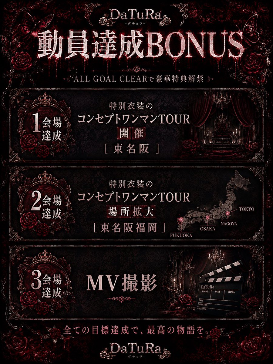 _DaTuRaOfficial's tweet photo. 【🥀DaTuRa重大発表🥀】

⚠️コンセプトワンマン限定新衣装＆新曲2曲お披露目あり⚠️

『毒花侵食TOUR』

8/15 大阪BANGBOO［目標150名］

8/23名古屋ell.SIZE［目標100名］

8/30 新宿SAMURAI［目標100名］

🌟ご新規企画🌟
連れてきた人、ご新規様へ
ランダム2ショットトレカプレゼント🎁
※各所1人につき1枚になります

🏃💨全通特典：最終日リハーサル招待

ーーーーーーーーーーーーーーーーーーーーーーーーー
チケット情報後日公開

🎫(Sチケット抽選)  
【受付期間】07/08(水)22:00-07/12(日)23:59  
【入金期間】07/16(木)13:00-07/19(日)21:00  
【受付対象】Sチケットのみ  
【枚数制限】1回の購入につき1枚まで

🎫(S & 無料 チケット一般)  
【販売期間】07/25(土)22:00-