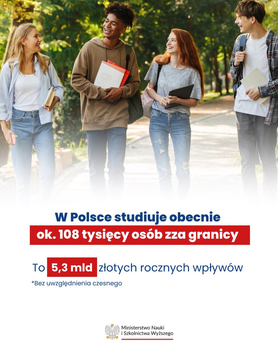 MNiSW_GOV__PL's tweet photo. 💡 Studenci zagraniczni to nie tylko ważna część społeczności akademickiej - to także impuls dla polskiej gospodarki. 📈🇵🇱

📊 Z raportu @UE_Katowice wynika, że osoby studiujące w Polsce z zagranicy przeznaczają rocznie ponad 6,8 mld zł na czesne, mieszkanie, transport, gastronomię i codzienne wydatki. To środki, które wspierają rozwój miast akademickich , lokalnych przedsiębiorstw i całej gospodarki.

🎓🌍 Umiędzynarodowienie szkolnictwa wyższego to inwestycja w rozwój nauki, innowacyjność i konkurencyjność Polski. Dlatego tak ważne jest tworzenie warunków sprzyjających przyciąganiu talentów z całego świata oraz budowaniu silnej pozycji polskich uczelni na arenie międzynarodowej.

Link do raportu: https://t.co/xRAYZUadsu