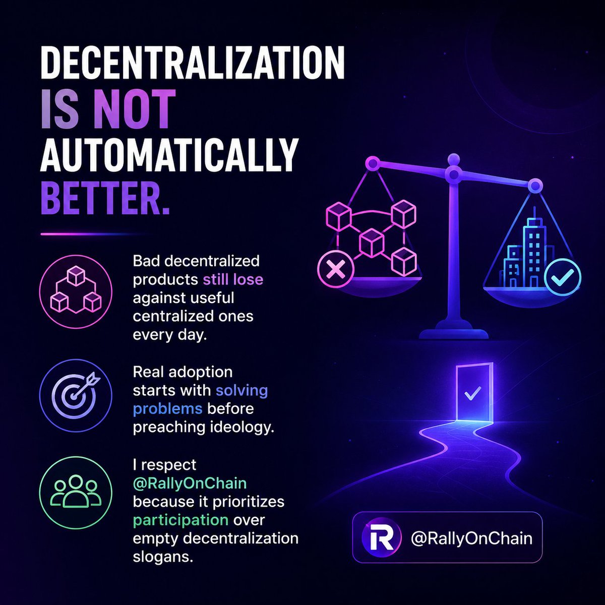 MinerByte's tweet photo. Decentralization is not automatically better. 

Bad decentralized products still lose against useful centralized ones every day. 

Real adoption starts with solving problems.

I respect @RallyOnChain because it prioritizes participation over empty decentralization slogans. https://t.co/UxTLxSEoqU