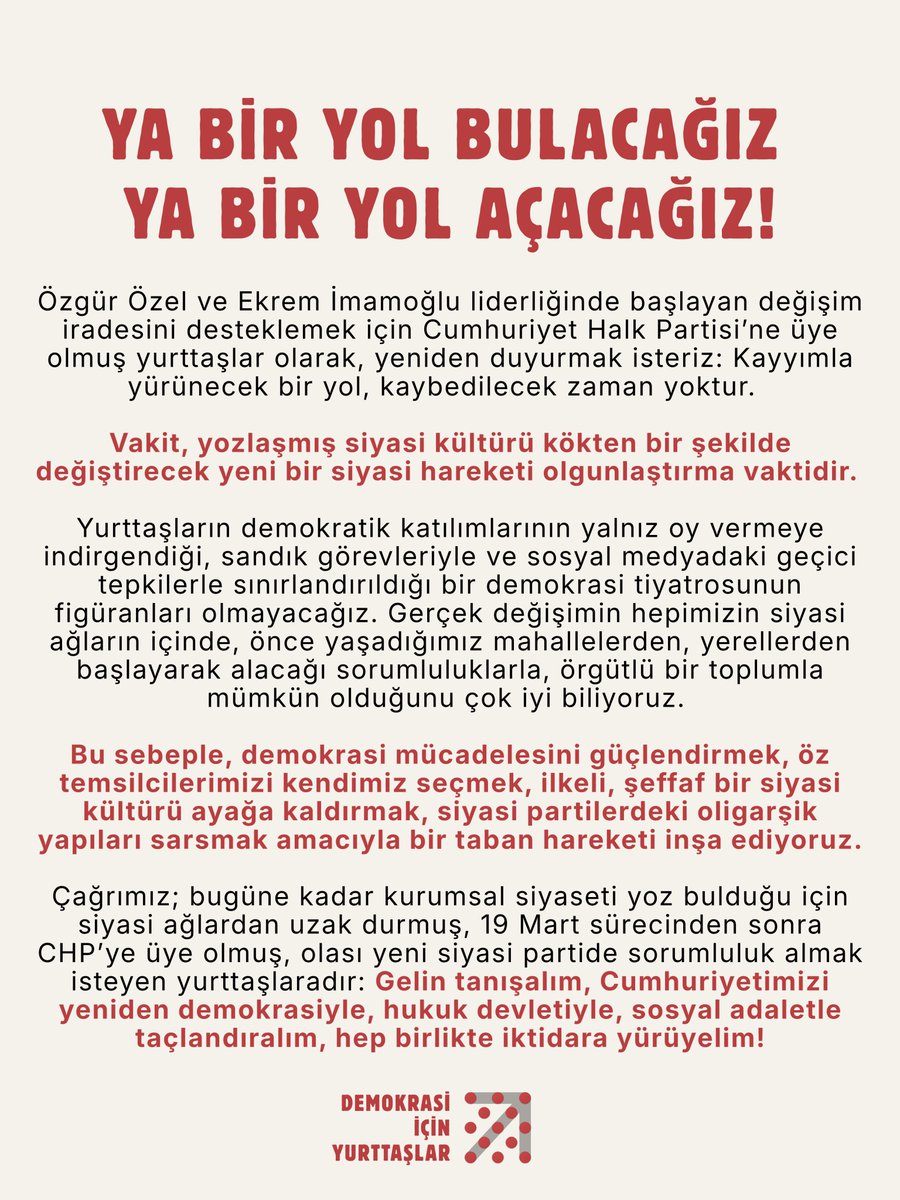 diyhareketi's tweet photo. 19 Mart sonrası değişim umuduyla CHP’ye üye olmuş, bugüne kadar CHP seçmeni olsa da siyasi ağlardan uzak durmuş yurttaşlar; çağrımız size. Vakit yeni bir siyasi hareketi birlikte inşa etme vakti. İnternet sitemize girin, tanışma forumuzu doldurun, yol arkadaşları olalım! https://t.co/r1B0jiHsZX
