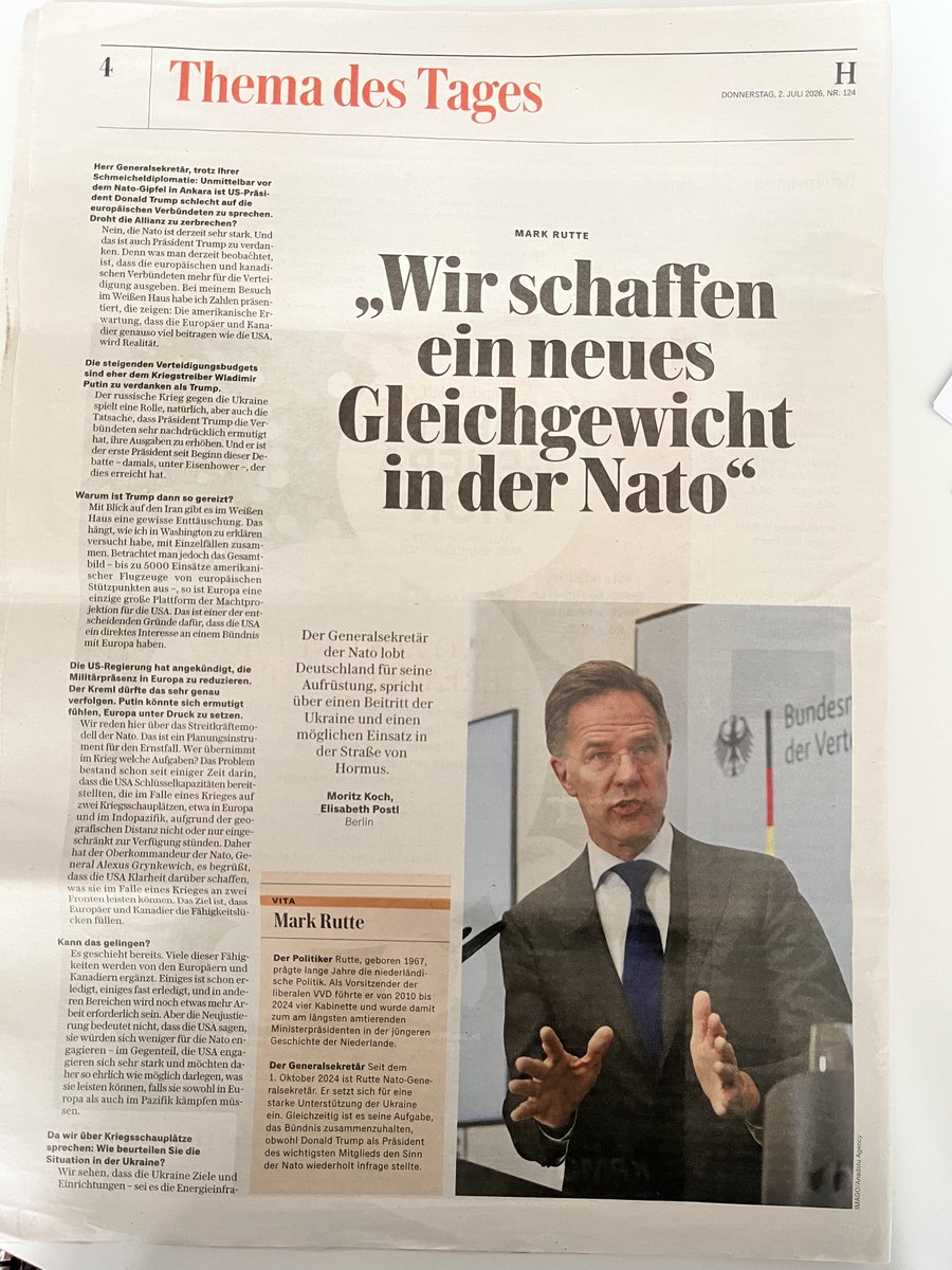 JohannesVarwick's tweet photo. Überaus verstörendes Interview mit dem  @SecGenNATO Mark Rutte, der: 1⃣-7⃣ ❌

1⃣stolz darauf ist, dass die #NATO eine Plattform für US-amerikanische Machtprojektion ist;
2⃣feiert, dass beim völkerrechtswidrigen US-Angriff auf den #Iran 5000 (!) Einsätze amerikanischer Flugzeuge von europäischem Boden stattfanden;
3⃣zugibt, dass der massive Anstieg europäischer #Militärausgaben insb. der Entlassung der USA bei einem Zweifronten-Krieg im Pazifik dient;
4⃣prima findet, dass die Europäer aktuell für 300 Milliarden Dollar #Waffen in den US kaufen und damit die US-#Rüstungsindustrie reich machen; 
5⃣einräumt, dass die NATO #Russland haushoch überlegen ist und ein ein Angriff Russlands auf NATO-Territorium "nicht passieren wird" und damit das gesamte Bedrohungsnarrativ als alarmistisch entlarvt;
6⃣weiterhin auf eine NATO-Mitgliedschaft der #Ukraine setzt und damit jeden Verhandlungsansatz zur Lösung der Ukrainefrage sabotiert;
7⃣geschichtsblind feiert, dass Deutschland künftig doppelt so viel Geld für Militär ausgibt wie Frankreich und UK zusammen.

❌Eine #NATO, die diesen Generalsekretär möglich macht und laufen lässt, ist ein Problem und keine Lösung. ❌