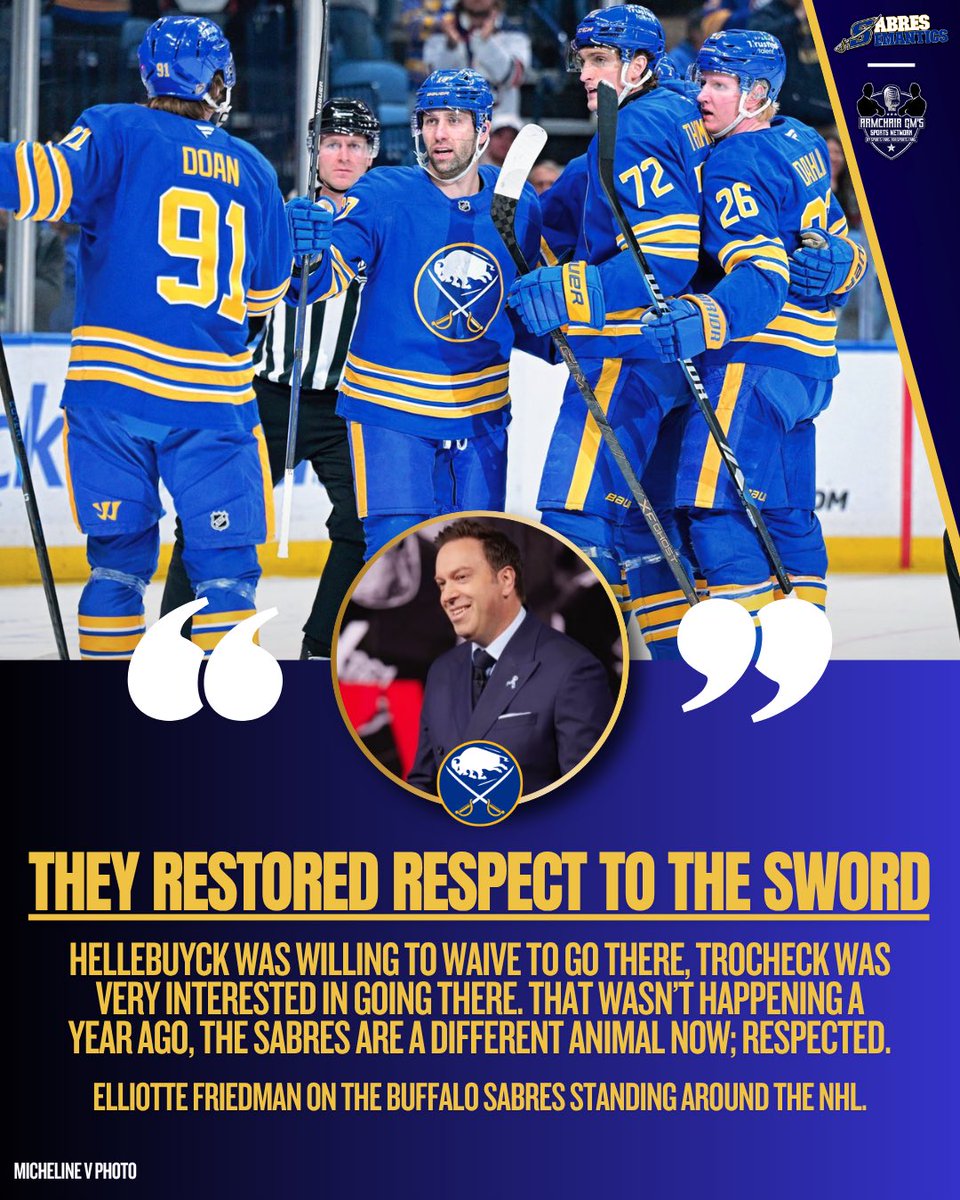 ArmchairGMPod's tweet photo. Respect for the Sword is back!⚔️🦬

On the latest 32 Thoughts: The Podcast, Elliotte Friedman of Sportsnet discussed how the Buffalo #Sabres restored respect/positive reputation around the entire #NHL in many aspects, while snapping a 14-season playoff drought. #LetsGoBuffalo https://t.co/hMkc0jd8Sc
