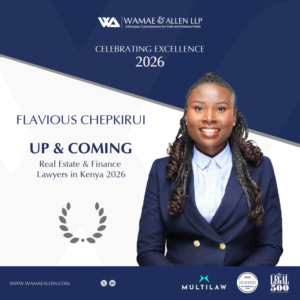 WamaeAllen's tweet photo. 🎖️CELEBRATING EXCELLENCE🎖️

Wamae &amp; Allen LLP celebrate Flavious Chepkirui on being named one of Kenya's Up &amp; Coming Real Estate &amp; Finance Lawyers 2026 by @TheLawyerAfrica

Congratulations, Flavious!

#RealEstateAndFinanceLawyersKenya2026 #OnwardandUpward https://t.co/03AJ6dPDrW