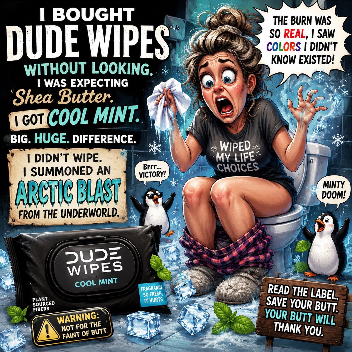 Arkypatriot's tweet photo. PSA. 

My Monday motivation is to be much more careful when I purchase dude wipes. 

True story, even though I did make the graphic for this post with AI. 

I made a rookie mistake.

I grabbed Dude Wipes without looking because I always buy the shea butter ones. Apparently I bought Cool Mint.

The second that wipe made contact, I was negotiating with Jesus and wondering who in the hell decided your bum needed mint? 

Read the label, my friends.
Some lessons don’t need to be learned and I’m trying to protect you
