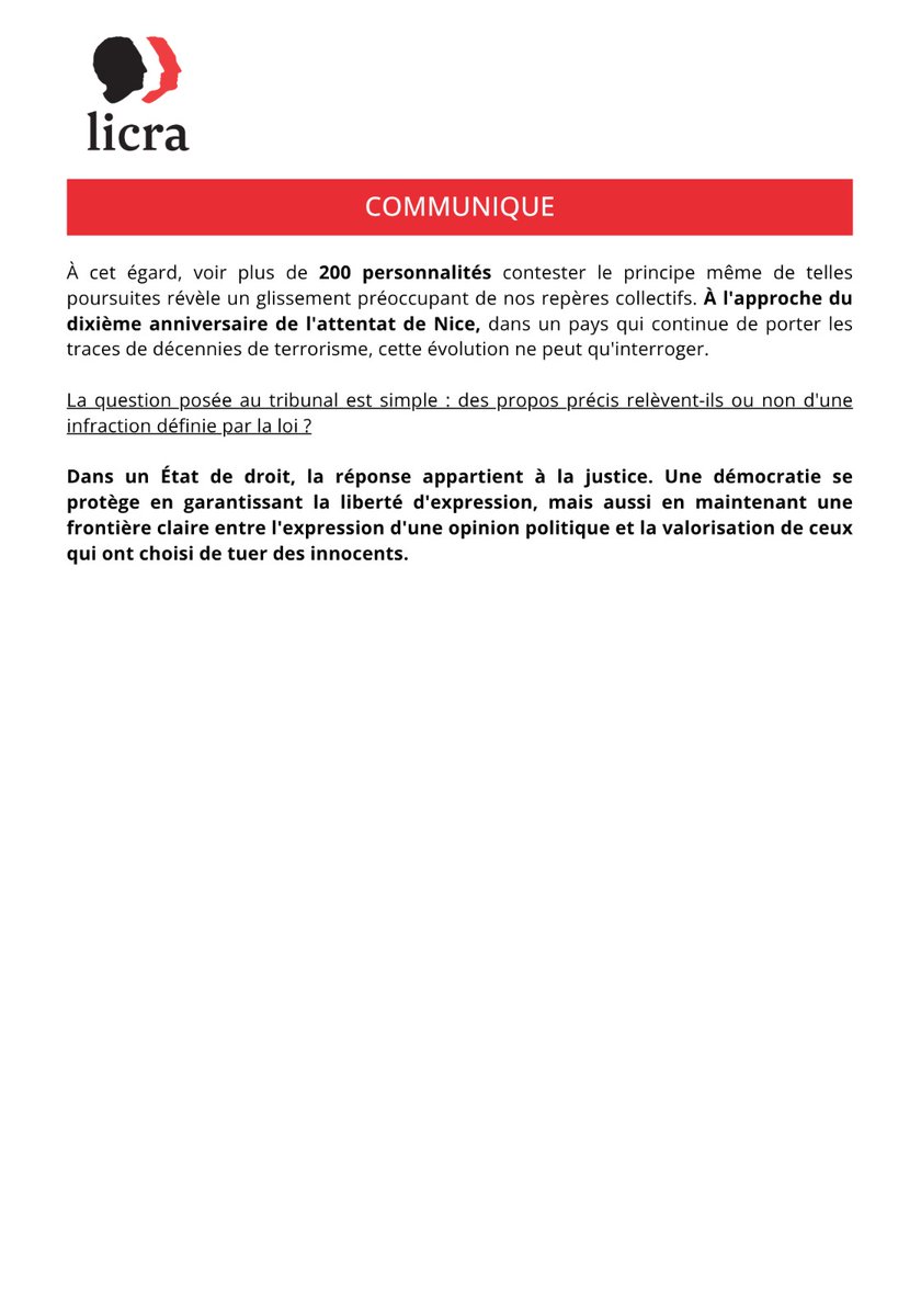_LICRA_'s tweet photo. Derrière le slogan du “délit de Palestine”, une réalité juridique : l’apologie du terrorisme.

Communiqué de La Licra en réponse à la tribune publiée dans l'Humanité. 
@humanite_fr 

#apologieduterrorisme #rimahassan #tribunal #antisémitisme #haineenligne https://t.co/G1NQXMZZaC