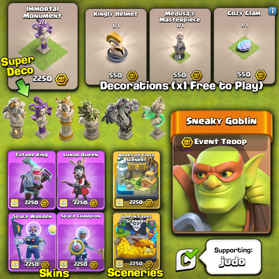 JudoSloth's tweet photo. A Mini Spotlight Event for the Sneaky Goblin will run from July 8th to 15th. This will bring loot and a decoration for F2P players, but if you purchase the Mini Event Pass you will get multiple Runes and the option of a Super Deco, Hero Skin or Scenery. The Mini Event Passes typically sell for $2.99.