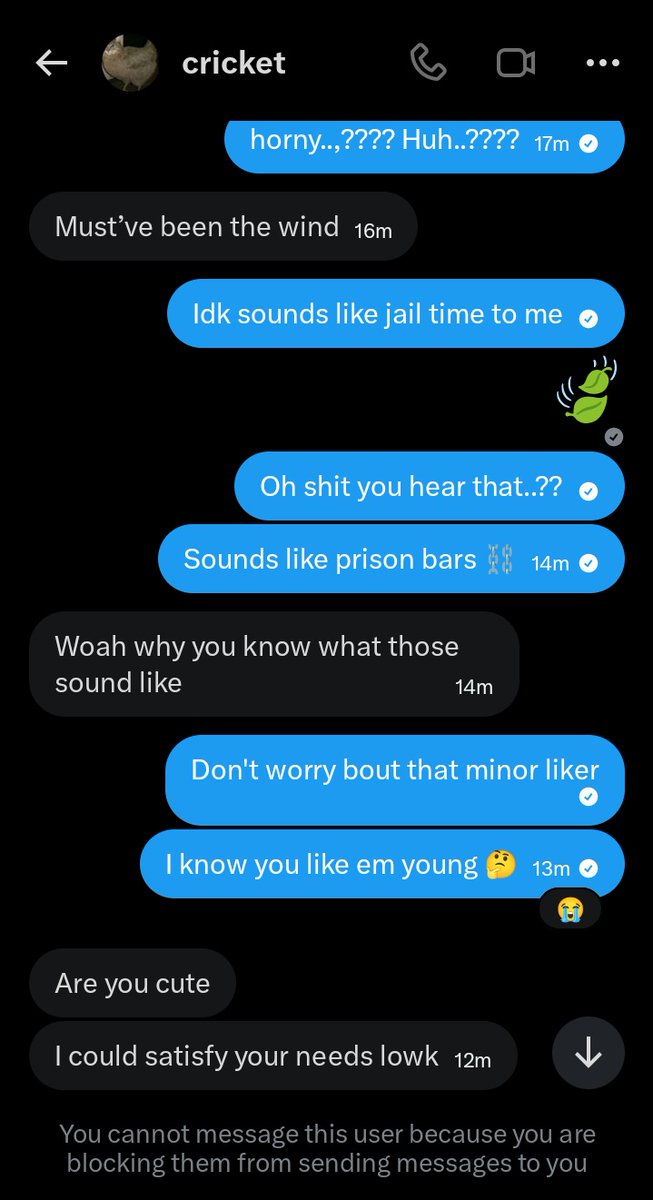 MMadiXD's tweet photo. CAUGHT ANOTHER PEDO!!! THEY KEEP INTERACTING!!!!
#pedocaught @cricket is a bitch don't interact he likes kids. https://t.co/H8FZqbcPVu