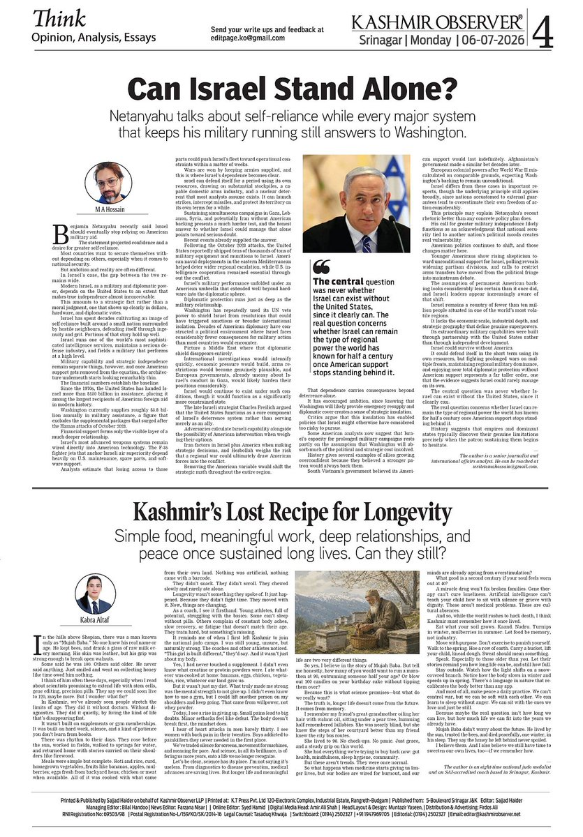 writemah71's tweet photo. 📰 Kashmir Observer
🗓️ 06 July, 2026
✒️ Can Israel Stand Alone? @kashmirobserver
🔗 https://t.co/T1cjilcVnS

#Israel #USForeignPolicy #MiddleEast #Geopolitics #InternationalRelations https://t.co/G5cU2IKcMs
