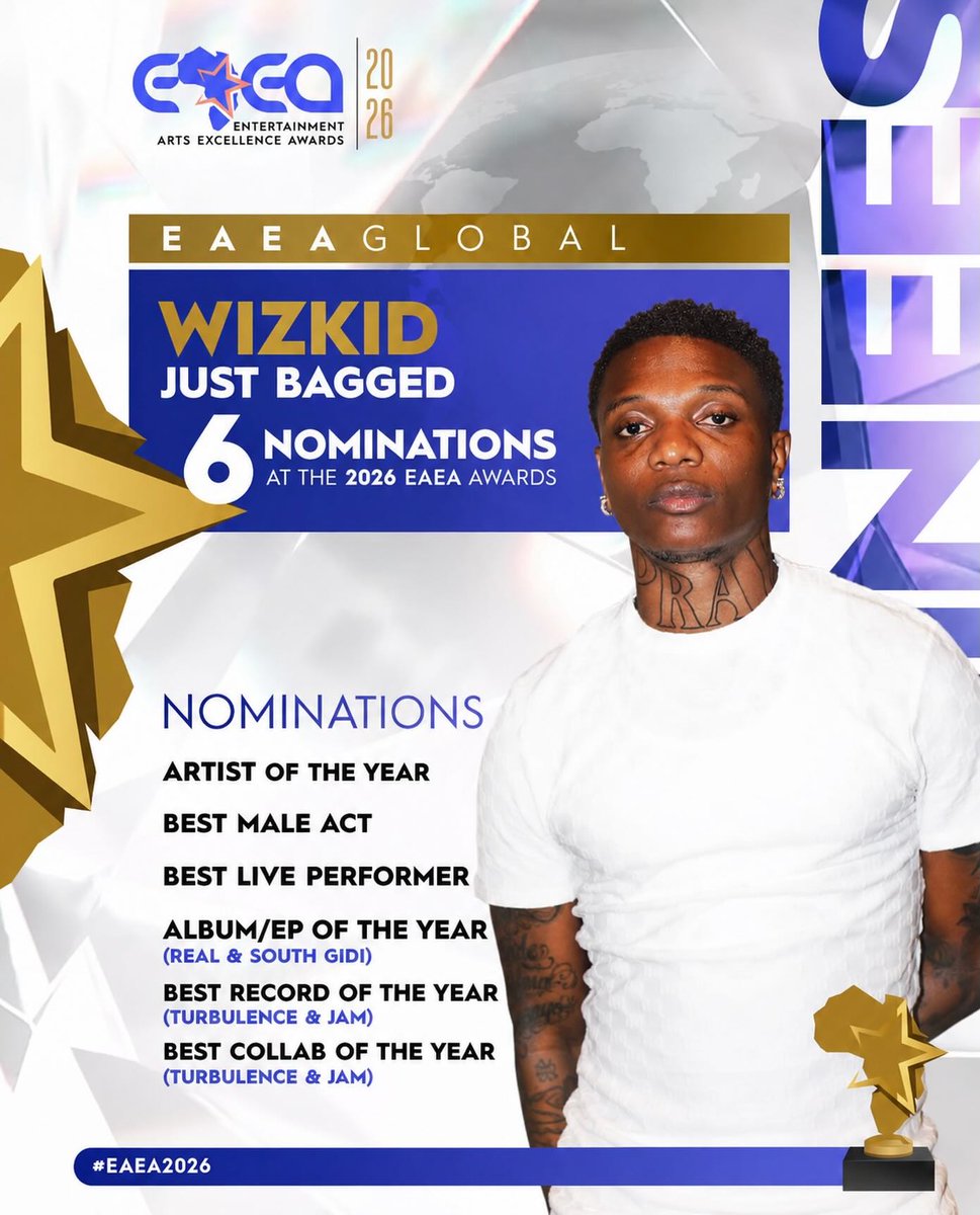 chartsafrica's tweet photo. 🚨 Wizkid just bagged 6 nominations at the 2026 EAEA Awards 🏆🦅 https://t.co/kOaRYAtKQX