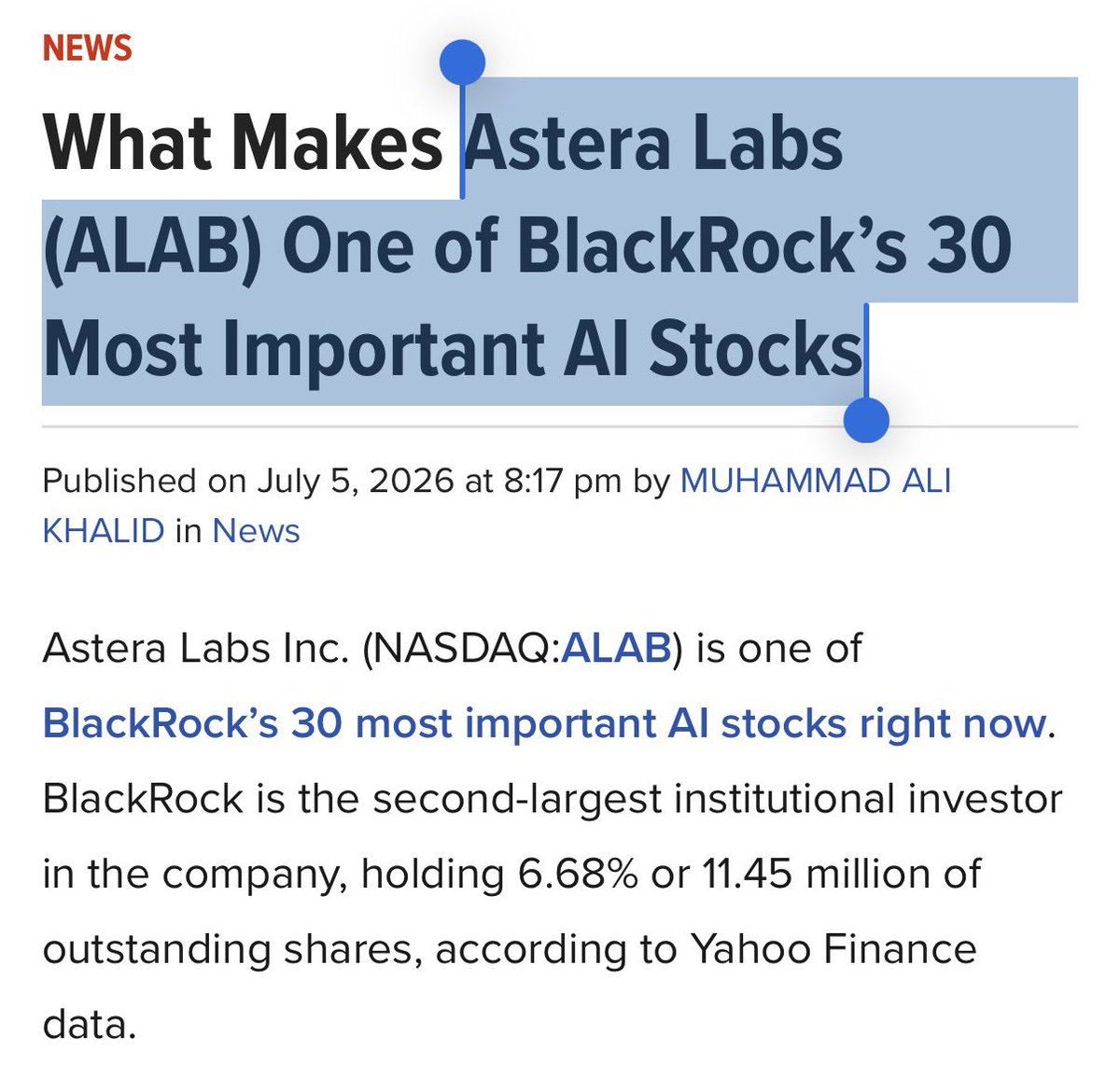 HyperSharkk's tweet photo. $ALAB บวกแรง 10% ตอนนี้ เพราะมีข่าวว่าจัดอยู่ใน 30 หุ้น AI ที่ BlackRock มองว่าจะสำคัญกับอุตสาหกรรม

ที่สำคัญคือ BlackRock “ถือจริง”!

-> ถือหุ้น $ALAB ~11.45 ล้านหุ้น คิดเป็น 6.68% ของบริษัท ตอนนี้เป็นหนึ่งในผู้ถือหุ้นสถาบันรายใหญ่ที่สุด

-> แล้วเอา $ALAB เข้าอยู่ใน iShares Future AI & Tech ETF ($ARTY) ด้วย เป็น ETF ที่โฟกัสธีม AI โดยเฉพาะเลย

-> เผื่อใครไม่รู้ $ALAB ทำชิป connectivity สำหรับ Data Center ที่ทำให้ GPU หลายๆ ใบ เชื่อมกันได้เร็วขึ้นและขยายระบบได้ดีขึ้น และยิ่ง Cluster ใหญ่ขึ้นเท่าไร ความสำคัญ ใครที่ทำระบบเชื่อมต่อก็ยิ่งมากขึ้นเท่านั้น

แต่การที่ BlackRock ถือหุ้น ไม่ได้แปลว่าหุ้นจะขึ้นนะครับ อันนี้อย่ากาวกันเกินน้า

ผมอยากมาเล่าให้ฟังว่าการที่ Asset management ที่ใหญ่ที่สุดของโลก เลือก $ALAB อยู่ในธีม AI ของตัวเอง ก็ทำให้เราเห็นว่าเขามองเห็นความสำคัญของ $ALAB ที่อยํ่ในโครงสร้างพื้นฐาน AI ระยะยาวจริงๆ