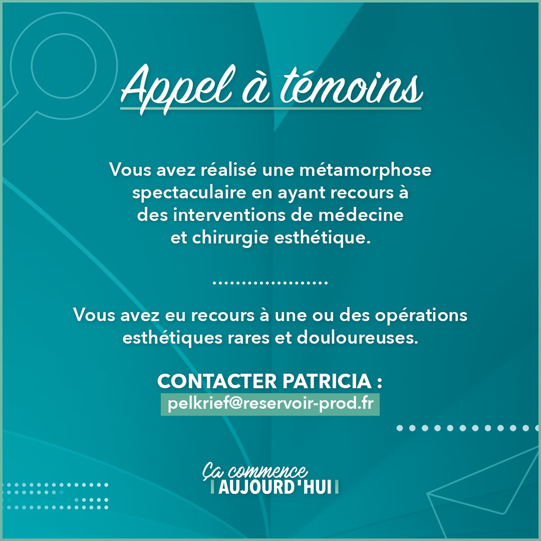 CaCommenceAuj's tweet photo. 📣 Appel à témoins #CCA 
Contactez Patricia : 
📧 pelkrief@reservoir-prod.fr https://t.co/KkeP6OBkll