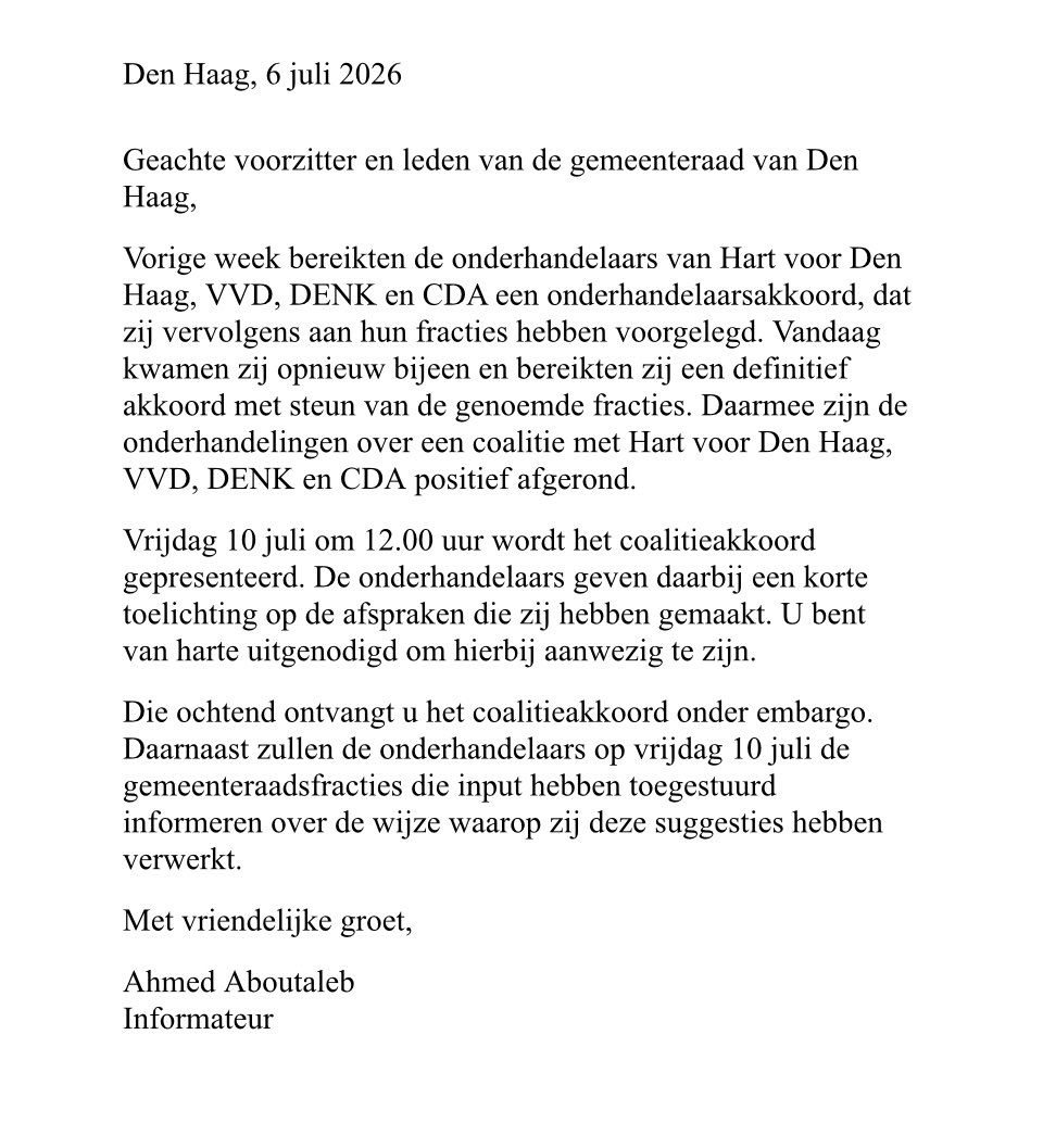 RicharddeMos's tweet photo. 1/2 Zojuist heeft de informateur de Haagse gemeenteraad geïnformeerd dat het coalitieakkoord tussen @Hartv00rDenHaag, @VVDDenHaag, @DENKDenHaag en @CDADenHaag aanstaande vrijdag om 12.00 uur wordt gepresenteerd. https://t.co/0QVlvEuVvf