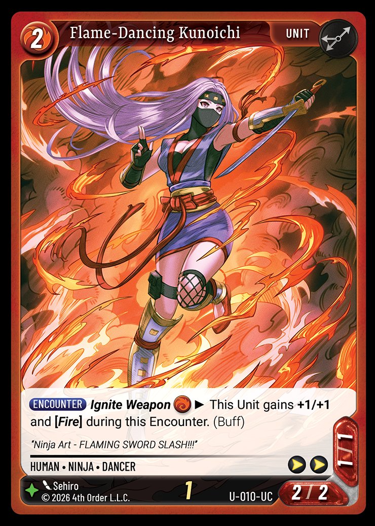 EikonicTCG's tweet photo. Flame&amp;Dancing Kunoichi blazes onto the scene this August on Kickstarter!

Follow us there so you don't miss out on our awesome campaign exclusives (link in comments)

🎨-Sehiro

#tcg #eikonic #ninja https://t.co/J6deK6cENz