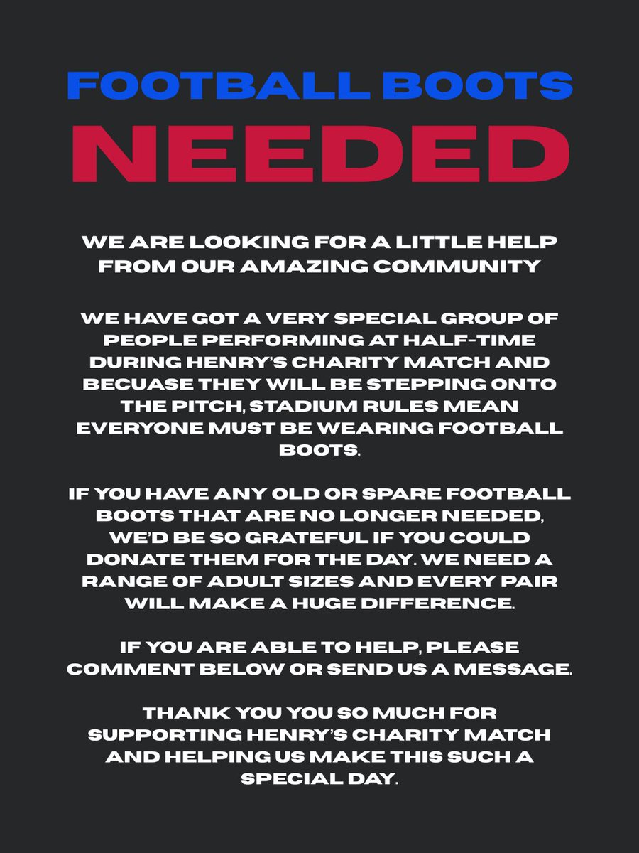 ParksideStadium's tweet photo. 𝗙𝗼𝗼𝘁𝗯𝗮𝗹𝗹 𝗯𝗼𝗼𝘁𝘀 𝗻𝗲𝗲𝗱𝗲𝗱 𝗮𝘁 𝗣𝗮𝗿𝗸𝘀𝗶𝗱𝗲 👟
We are looking for help from our amazing community 🧑🧑🧒🧒
Please swipe & read the second post for all information to help us on Saturday as we host Henry Nowak’s Charity Day 💙
#AvekeyFC | #ParksideStadium https://t.co/QwxoX8KSt5