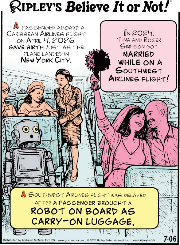 Ripleys's tweet photo. In 2024, Tina and Roger Simpson got married aboard a Southwest Airlines flight! 💍

Catch our daily cartoon here.👇 https://t.co/voNfzz1Gi4 https://t.co/LKK9FMoUuL
