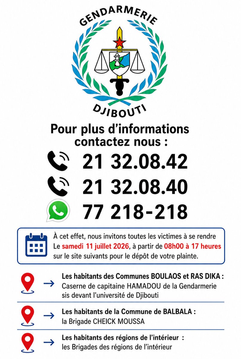 GDjiboutienne's tweet photo. 𝗨𝗥𝗚𝗘𝗡𝗧 🚨 𝗩𝗢𝗨𝗦 𝗘̂𝗧𝗘𝗦 𝗩𝗜𝗖𝗧𝗜𝗠𝗘 𝗗’𝗨𝗡𝗘 𝗔𝗥𝗡𝗔𝗤𝗨𝗘 𝗘𝗡 𝗟𝗜𝗚𝗡𝗘 ? 𝗩𝗘𝗡𝗘𝗭 𝗣𝗢𝗥𝗧𝗘𝗥 𝗣𝗟𝗔𝗜𝗡𝗧𝗘 ! ⚠️

La Gendarmerie Nationale informe l'ensemble de la population qu'une recrudescence préoccupante d'escroqueries en ligne est actuellement constatée.

Des réseaux criminels usurpent l'identité de la plateforme WAAFI, en utilisant de fausses pages Facebook, des comptes WhatsApp et d'autres canaux de communication, afin de tromper les citoyens et de leur soutirer de l'argent.

Dans le cadre de l'enquête judiciaire en cours, une opération spéciale de recensement des victimes à l'échelle nationale est organisée pour le : 

📅 Date : Samedi 11 juillet 2026
🕗 Horaire : De 08h00 à 17h00

📍 Lieu de dépôt des plaintes :

🔹 Communes de Boulaos et Ras Dika
➡️ Caserne du Capitaine Hamadou de la Gendarmerie (devant l'Université de Djibouti).

🔹 Commune de Balbala
➡️ Brigade Cheick Moussa.

🔹 Régions de l'intérieur
➡️ Brigade de Gendarmerie de votre région.

🎯 Cette opération concerne exclusivement les personnes victimes d'escroqueries commises via Facebook, WhatsApp ou tout autre moyen de communication en ligne, notamment l'arnaque "WAAFI LOANS".

📄 Documents à présenter :

🪪 Une pièce d'identité valide (CNI ou passeport) ;
💳 Les reçus ou preuves de transaction ;
📱 Les captures d'écran, conversations WhatsApp, liens Facebook ou tout autre élément utile à l'enquête.

Seules les personnes ayant officiellement déposé plainte auprès de la Gendarmerie Nationale dans le cadre de cette opération pourront être reconnues comme victimes dans la procédure judiciaire en cours et, conformément aux dispositions légales applicables, se constituer partie civile afin de faire valoir leurs droits.