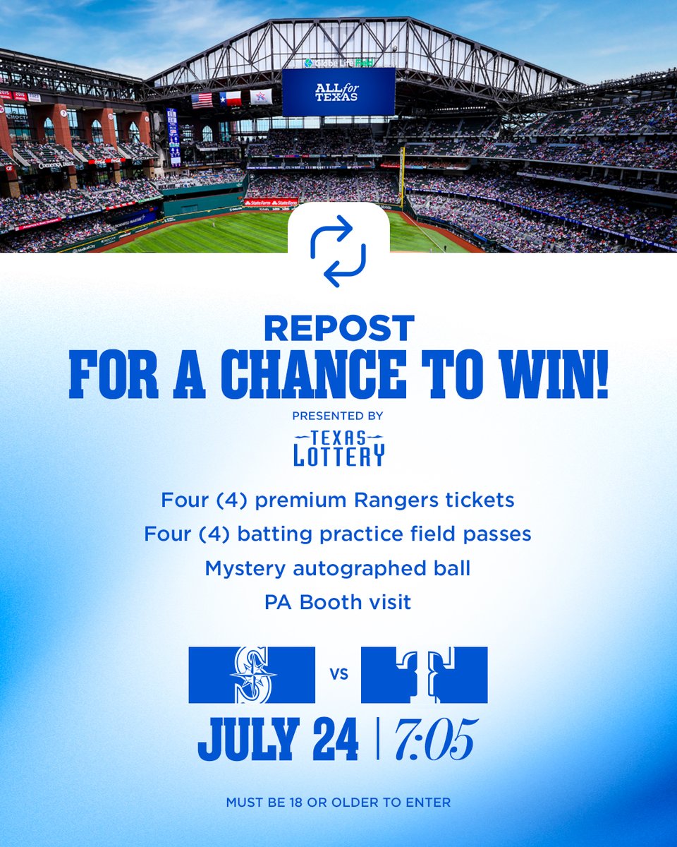 Rangers's tweet photo. Repost today for a chance to win this #LuckHappens VIP Experience on July 24 from @TexasLottery!  

Must be 18 or older to enter. https://t.co/GSqZJf0aJT