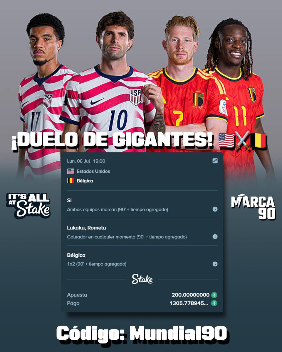 marca90ec's tweet photo. 🇺🇸🇧🇪 ¡DUELO DE GIGANTES!
Una combinada mundialista con ambos equipos marcando, Lukaku buscando el gol y Bélgica yendo por la victoria.
🎯 Vive la emoción en Stake
📌 Usa el código: Mundial90
📲 https://t.co/YZyWI6Atbb
#Marca90 #Stake #Mundial90 #USAvsBélgica #LaCombinadaStake https://t.co/Pxrjlj6tNY