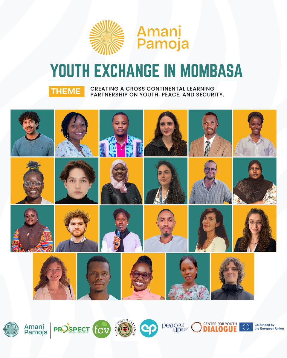 prospectini's tweet photo. We are excited to announce the upcoming Partnership and Youth Exchange workshop under the Amani Pamoja Initiative, co-funded by the @EU_Commission through the @EUErasmusPlus Programme which will take place between 14th - 18th July, 2026 in Mombasa.

🌎The workshop will bring together 24 youth leaders from six countries across Europe and Africa, representing organizations working in peacebuilding. It aims to foster a learning partnership, facilitate the exchange of experiences, and document good practices in peacebuilding, with a particular focus on advancing the Youth, Peace and Security (YPS) agenda.

The exchange is being hosted by Prospect Initiative in partnership with @LamuYouth, @cyd_zanzibar, Peace Up, @catvoluntaria, and @agencypb. 

We are delighted to present to you our participants for the exchange.

#YouthExchangeInMobasa
#AmaniPamojaPeaceTogether
#YPSAgenda #PeaceBuilding