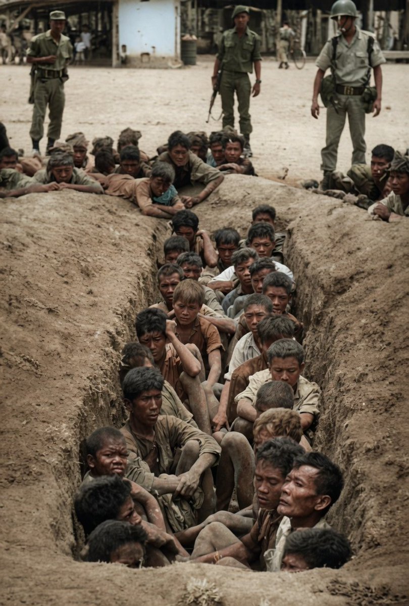Asiablog_it's tweet photo. Decine di civili, tra cui bambini, attendono di essere fucilati dentro una fossa comune durante il genocidio indonesiano: in soli 2 anni, con l'assistenza di #USA 🇺🇸e #UK 🇬🇧, vennero sterminate tra 500.000 e 2 milioni di persone accusate di essere comunisti, simpatizzanti di sinistra o membri di minoranze etniche e religiose.

#Indonesia, 1965 🇮🇩