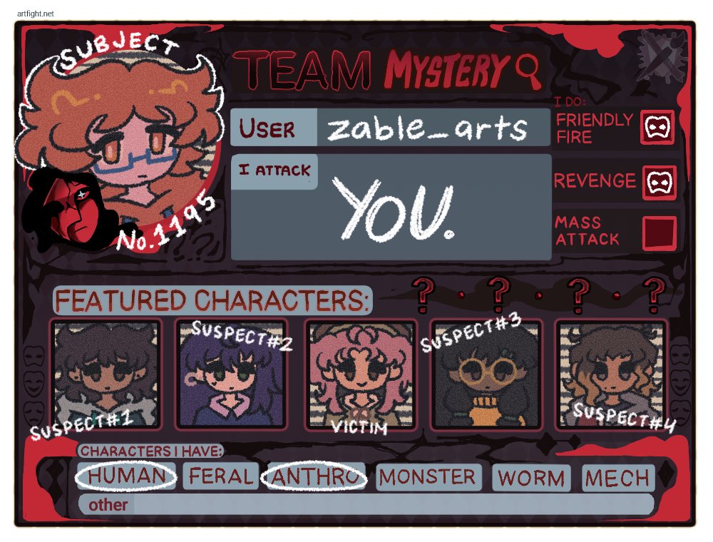 zable_arts's tweet photo. CONFIDENTIAL FILE: SUBJECT NO. 1195

Alias: zable_arts | Status: Armed &amp; Eepy

ART FIGHT THREAT LEVEL: CRITICAL.

#artfight #artfight2026 #teammystery https://t.co/lxAgyuktSN