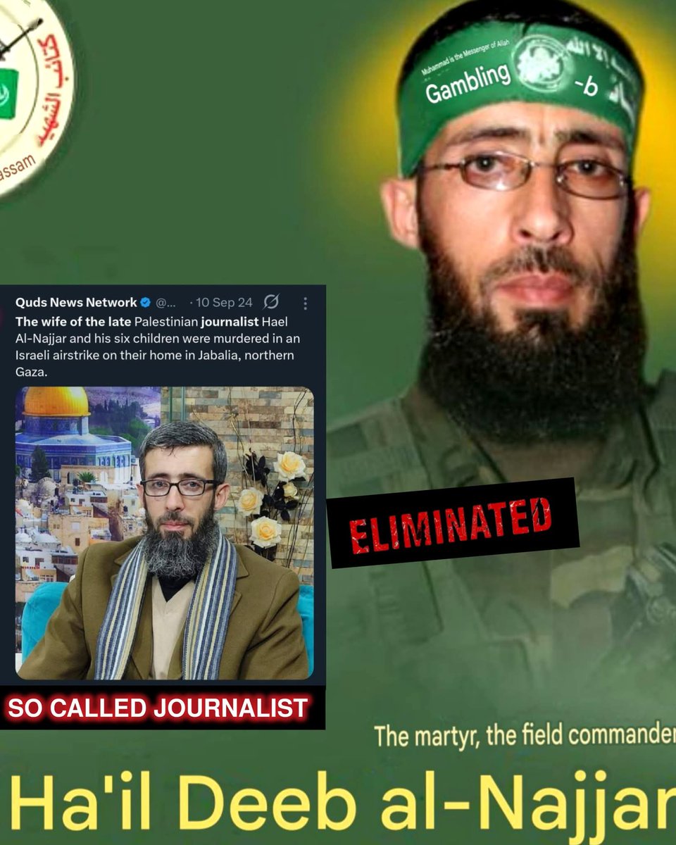 Marianasoux's tweet photo. De Israëlische autoriteiten hebben opnieuw een "journalist" geïdentificeerd als commandant van Hamas.🤡 Het gaat om Hael Deeb Al-Najjar, die tijdens een Israëlische operatie om het leven kwam en werd aangemerkt als commandant binnen het 'Martelaar Abdul Raouf Nabhan'-bataljon. https://t.co/ZGmiqUXePs