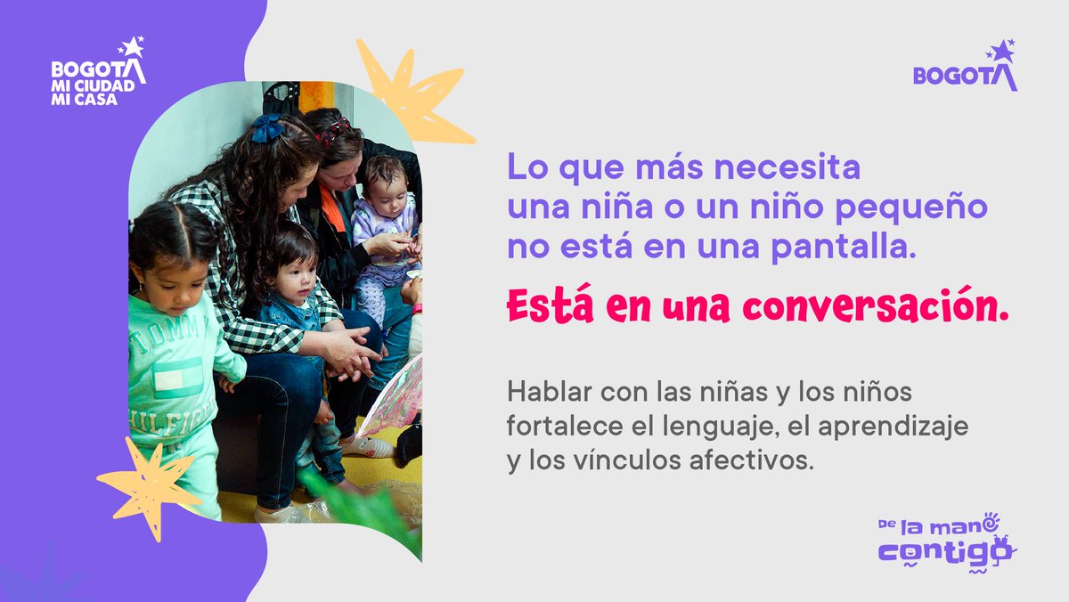 Educacionbogota's tweet photo. Un estudio con 7.097 niños publicado en JAMA Pediatrics encontró que una mayor exposición a pantallas durante el primer año de vida se asociaba con mayores probabilidades de retrasos posteriores en comunicación y resolución de problemas.

Por eso, ninguna pantalla enseña más que una conversación. Hablar con tus hijas e hijos, jugar con ellos, brindarles tiempo y afecto, y escucharlos para comprender su mundo les brindará experiencias que se quedarán con ellos para siempre. #DeLaManoContigo.