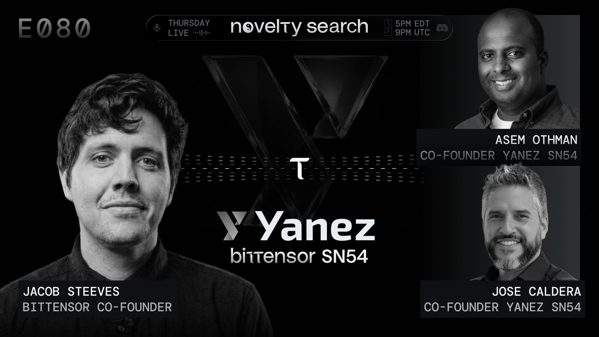 opentensor's tweet photo. This Thursday on Novelty Search :: Bittensor SN54 Yanez

@yanez__ai shows how #SN54 uses Bittensor miners to generate synthetic adversarial identity data for financial crime prevention, helping compliance teams stress-test sanctions screening, fraud detection, and KYC systems before criminals do.

Join live via Bittensor Discord.

Hosted by @const_reborn