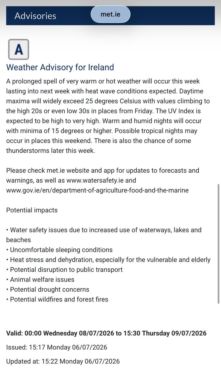 CarlowWeather's tweet photo. Met Éireann have issued an advisory for spell of warm weather. https://t.co/kH41Ijr14g