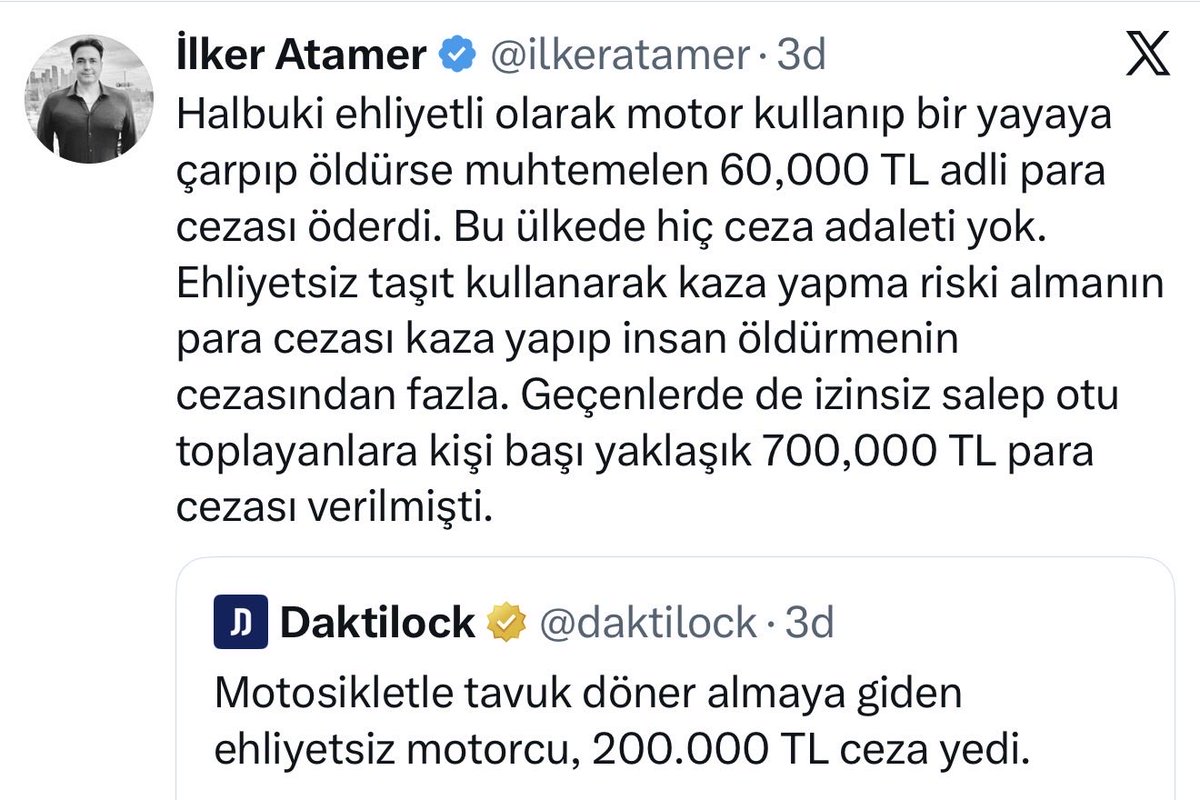 ilkeratamer's tweet photo. Daha 3 gün önce trafik cezalarının adli cezalara kıyasla çok yüksek olduğunu söyleyip "ceza adaleti yok" demiştim bugün de bu haberle karşılaştık. Şu anda trafik polisleri ve jandarması bir yargıçtan daha fazla para cezası verme yetkisi taşıyor. Üstelik tahminime göre trafik cezalarına yapılan itirazların %99'u da reddediliyor. Yani polisin ve jandarmanın kestiği para cezası hatalı ve keyfi olsa bile geri düzeltme imkanı yok gibi.