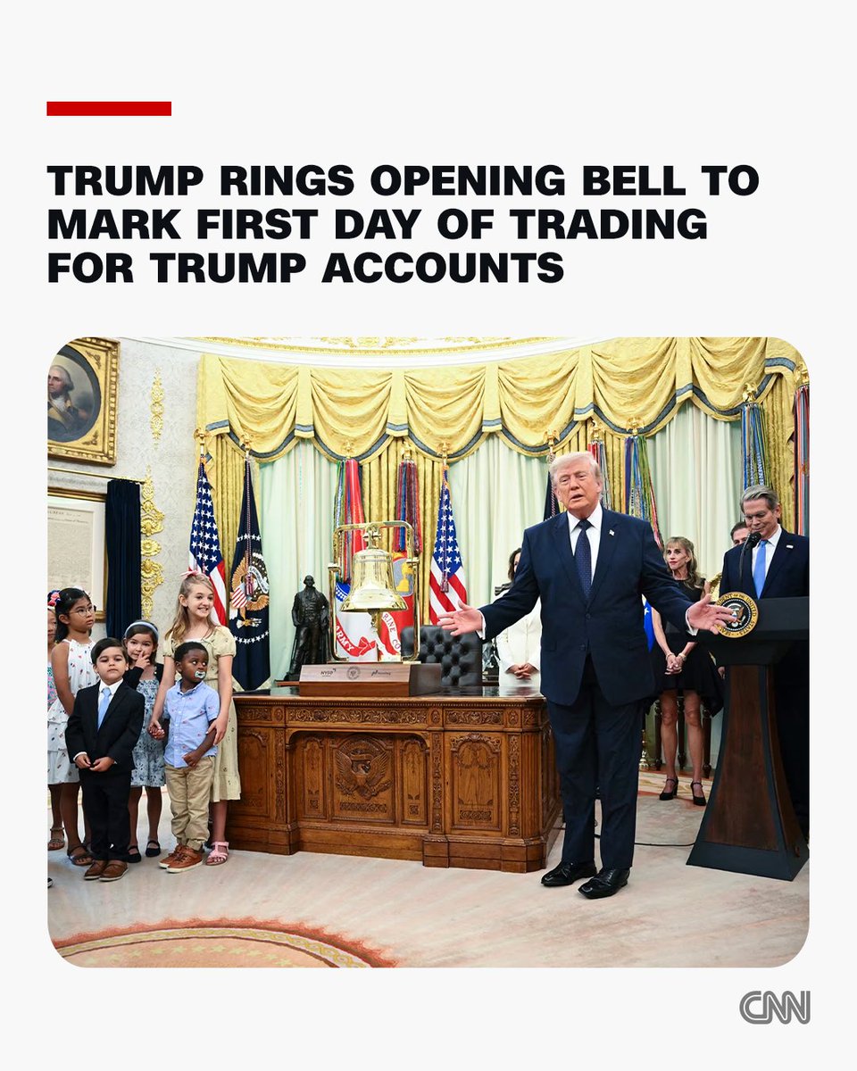 CNN's tweet photo. A year after becoming law, the new savings and investment vehicle for children known as the Trump Accounts officially became operational on Saturday, July 4. President Trump rang the opening bell for Nasdaq and the New York Stock Exchange from the Oval Office on Monday to mark the first day of trading. https://t.co/WzAyd7FBXX