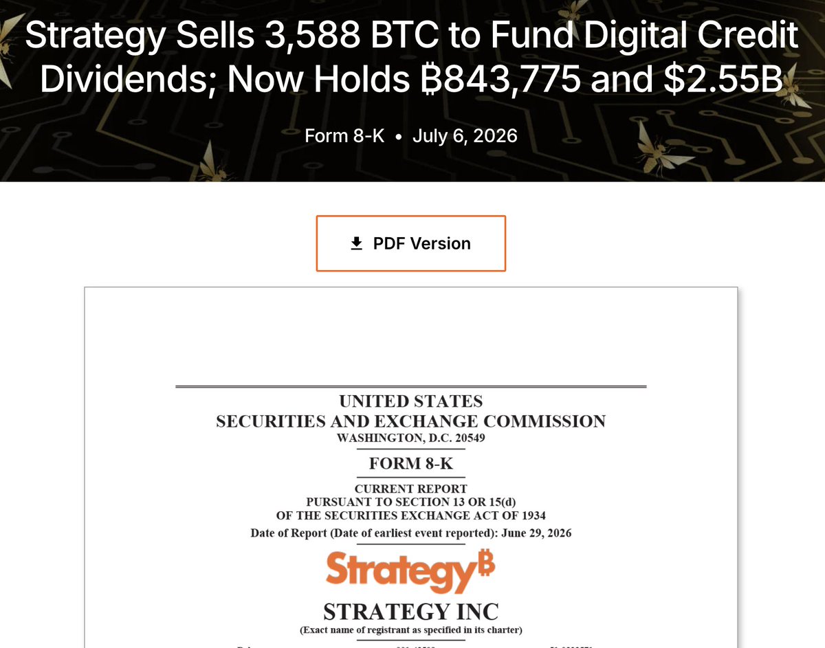 predicttime_'s tweet photo. ⚡BREAKING: Strategy Sells 3,588 BTC to Fund Digital Credit Dividends; Now Holds ₿843,775 and $2.55B

source:https://t.co/sYQ3D1VzeW https://t.co/gkkpuOCu7W